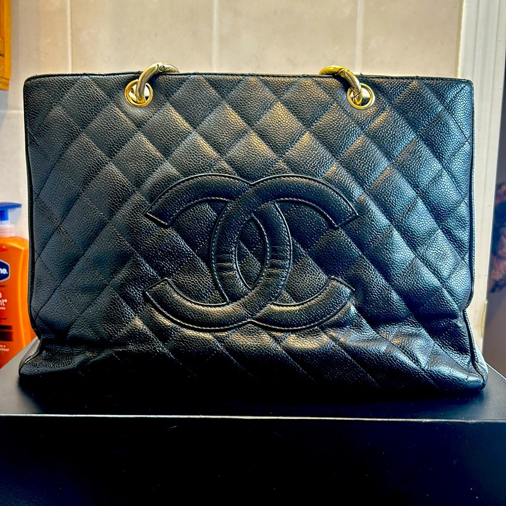 Chanel bag, black caviar leather, large size.